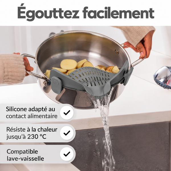 Passoire à clipser en silicone utilisée pour égoutter une casserole