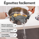 Passoire à clipser en silicone utilisée pour égoutter une casserole