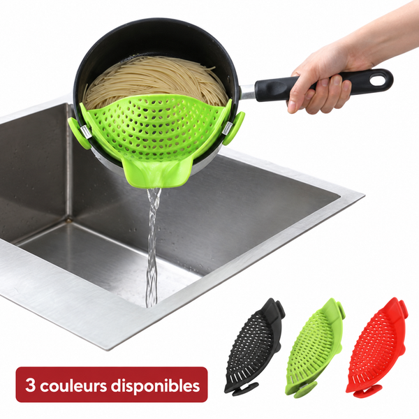 Passoire à clipser en silicone disponible en vert, gris et rouge