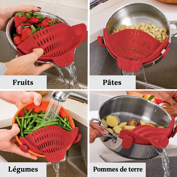 Passoire à clipser utilisée avec fruits, pâtes, légumes et pommes de terre
